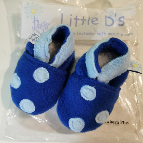 Little D's by Daisy Roots. Blue slippers with spots